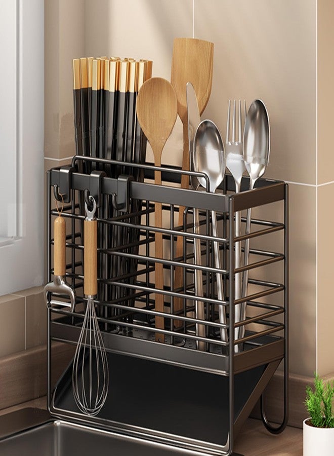 RAKSONIC Utensil Holder, Dish Drainer for Kitchen Counter,3 Compartments Stainless Steel Utensil Drying Rack,Kitchen Utensils Holder with Towel Bar,Self-Draining Tray Design(Black) - Image 1
